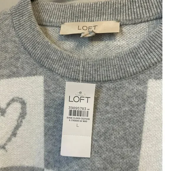 NWT LOFT Gray Heart Checkered Love thick soft Sweater Size Large MSRP $89.95 - Picture 4 of 8
